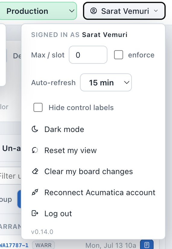 The profile menu